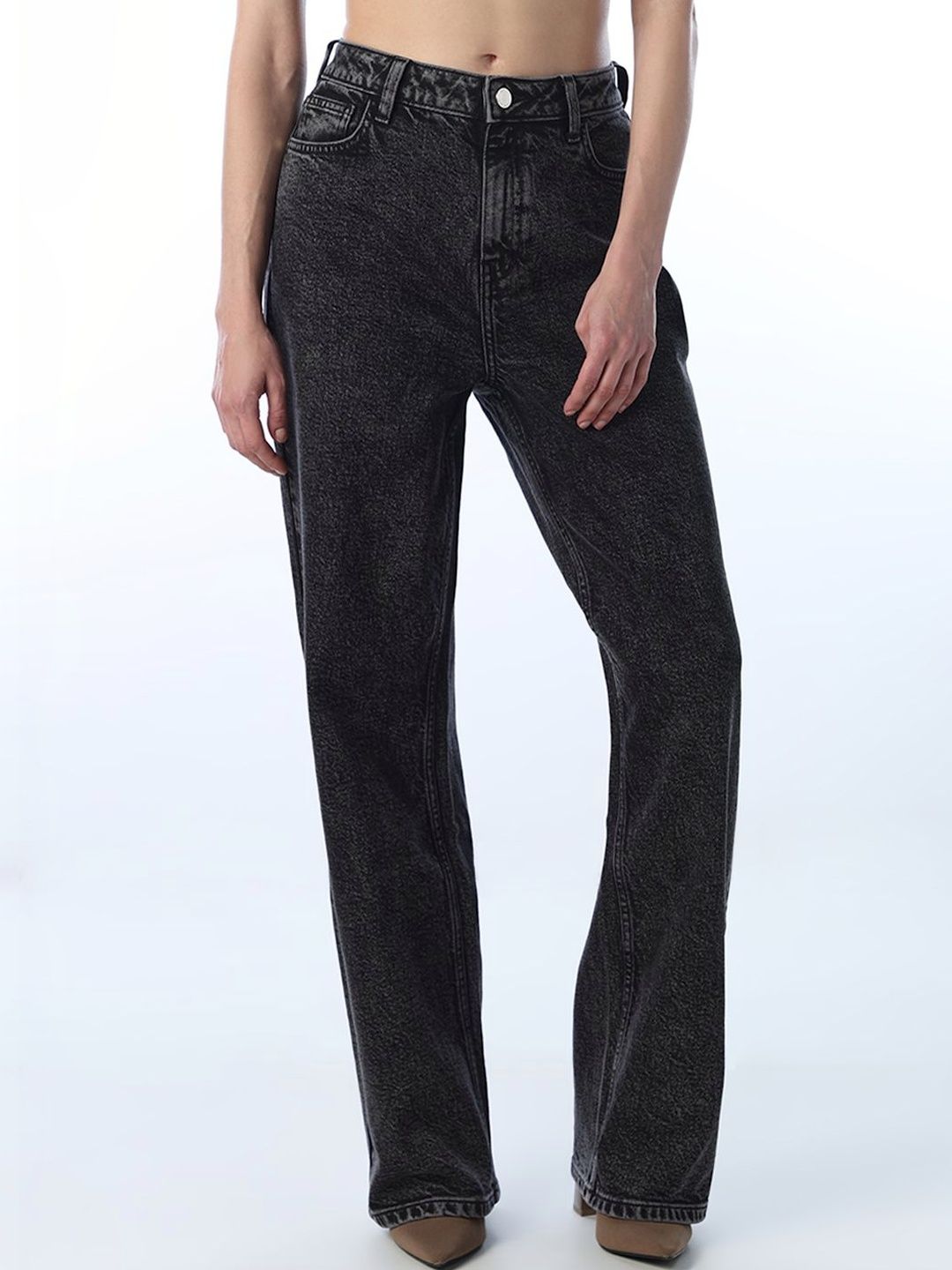 Women Straight Fit High-Rise Jeans ONLY Women Straight Fit High-Rise Heavy Fade Acid Wash Stretchable Jeans