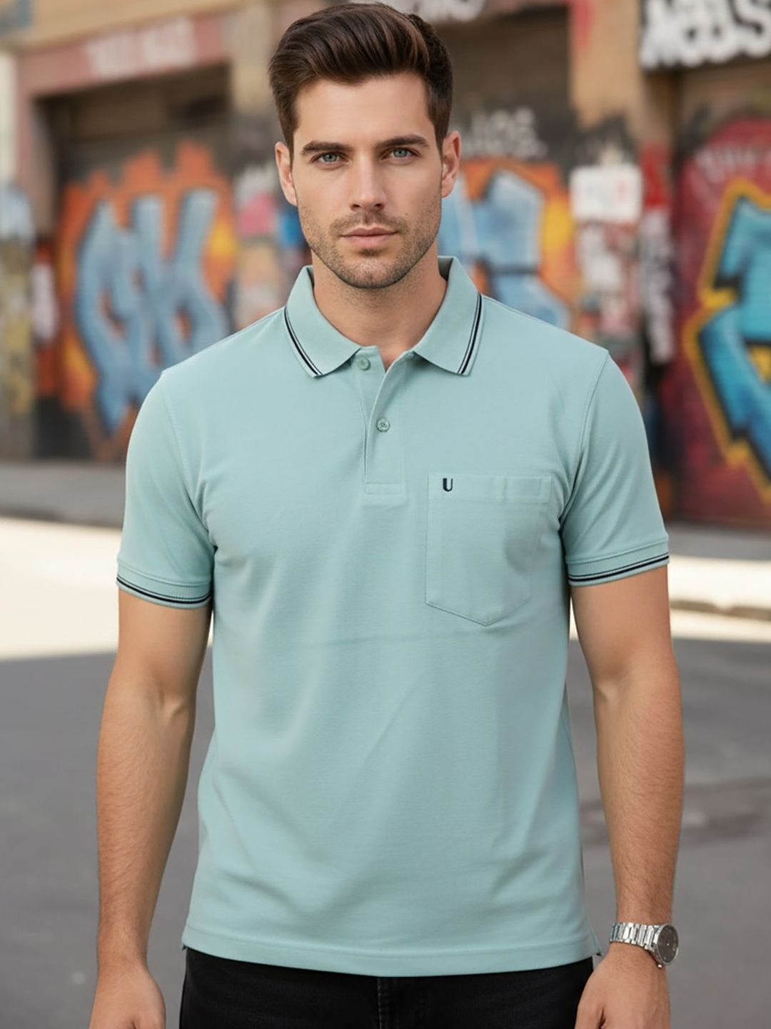 UNIBERRY Men Brand Logo Polo Collar Pockets T-shirt