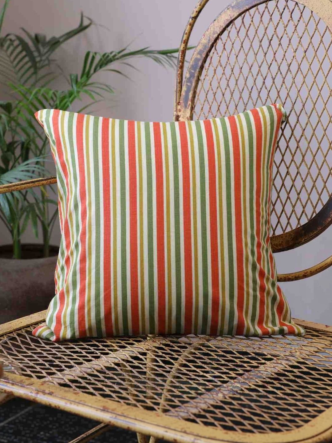 Sangria Green & Red Striped Cotton Square Cushion Covers