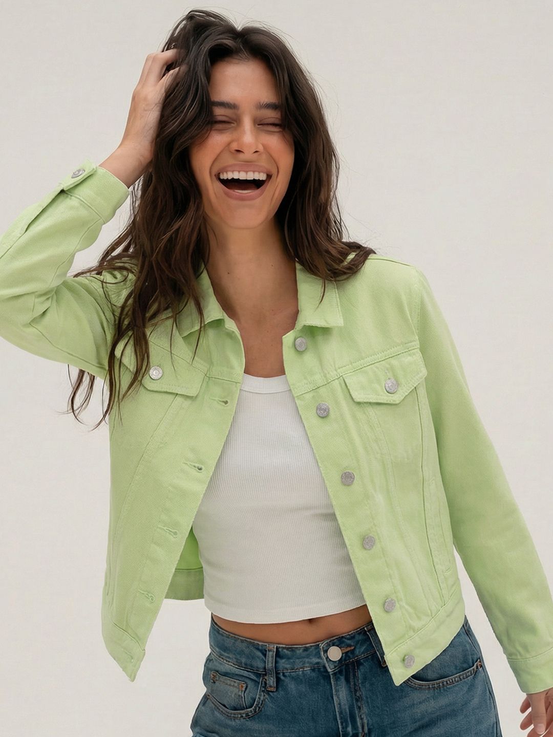 Tokyo Talkies Women Green Solid Denim Jacket