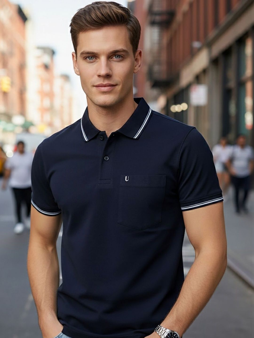 UNIBERRY Men Brand Logo Polo Collar Pockets T-shirt
