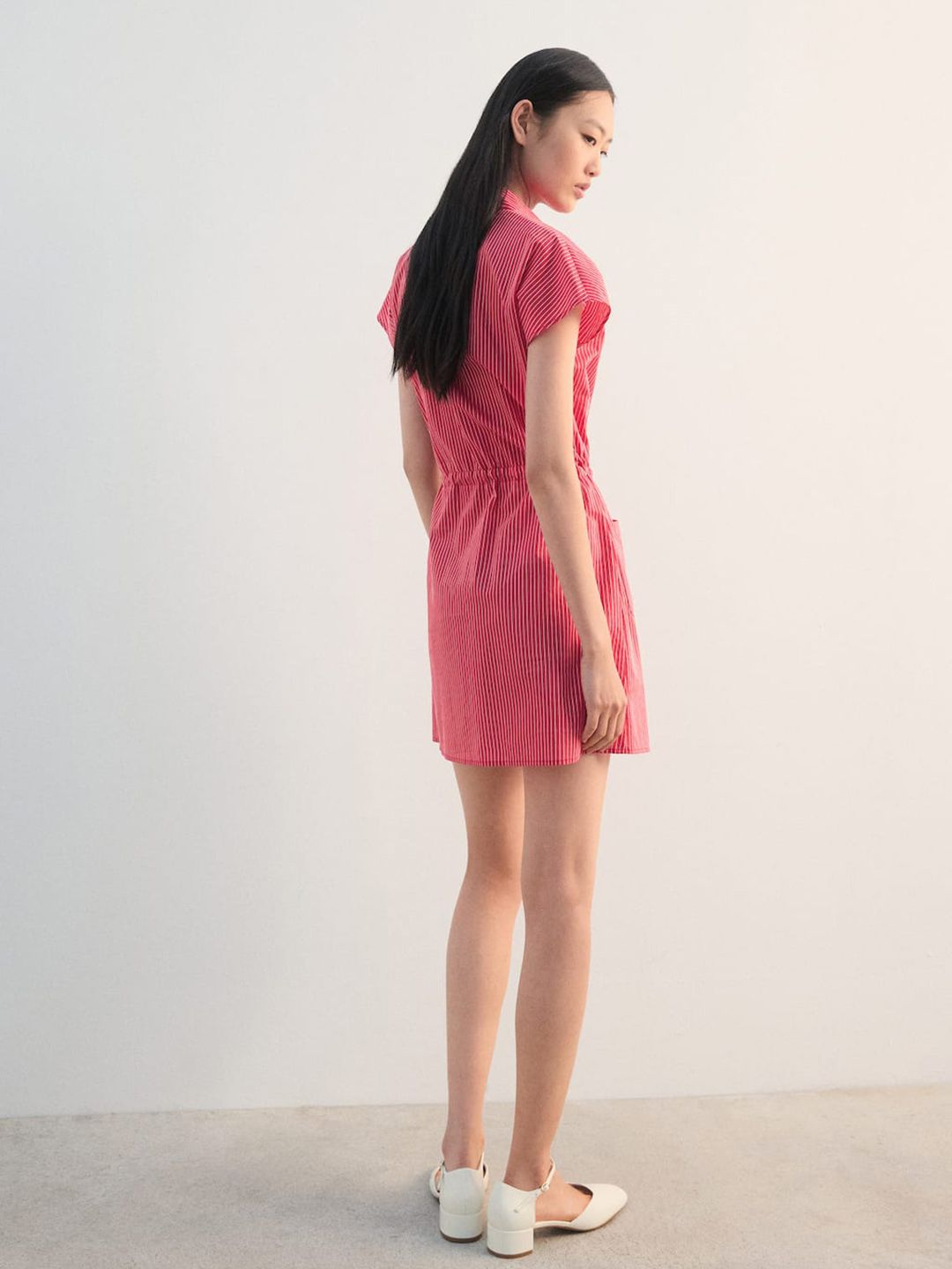 Striped A-Line Mini Dress with Waist-Tie-Up