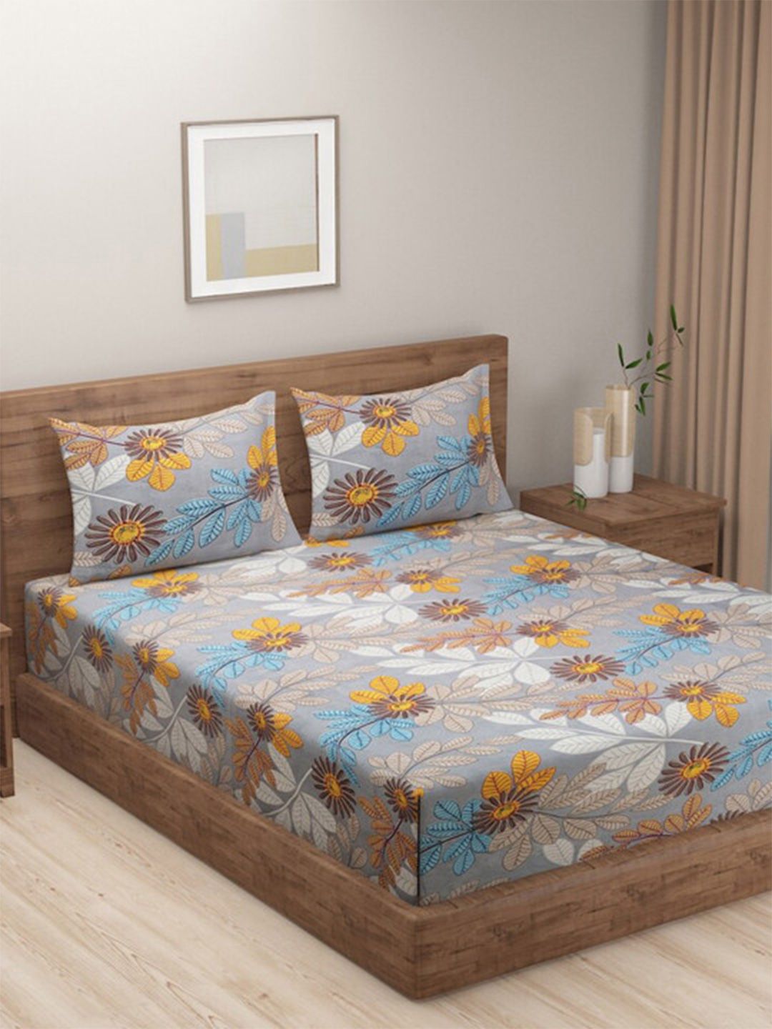 SWAYAM SWAYAM Tulip Grey Floral Polyester 144 TC Queen Bedsheet with 2 Pillow Covers-78 x 72 inches