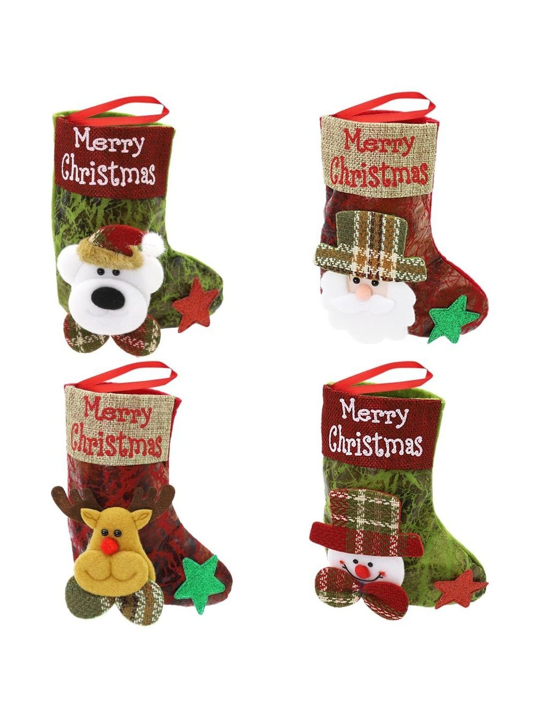 MAYCREATE 4Pcs Green & Red Textured Christmas Stocking Decor