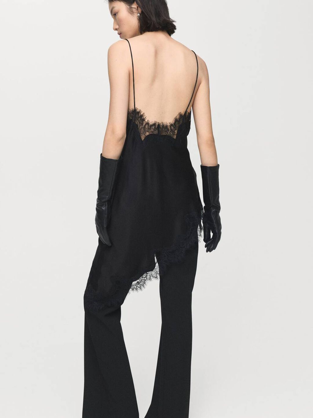 Floral Lace Inserts Shoulder Straps Top with Asymmetric Hem