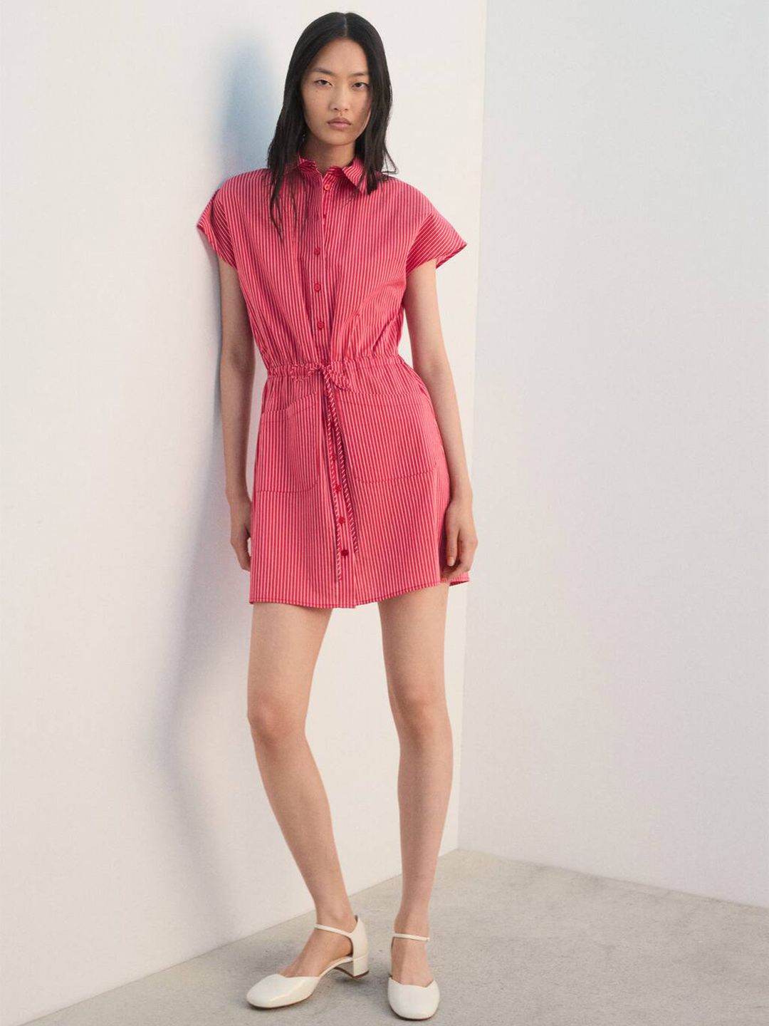 Striped A-Line Mini Dress with Waist-Tie-Up