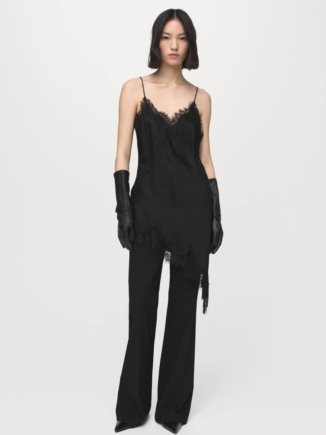 Floral Lace Inserts Shoulder Straps Top with Asymmetric Hem