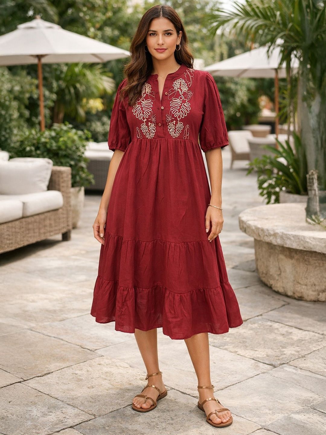 Sencei Ethnic Fusion A-Line Dress with Premium Thread Embroidery
