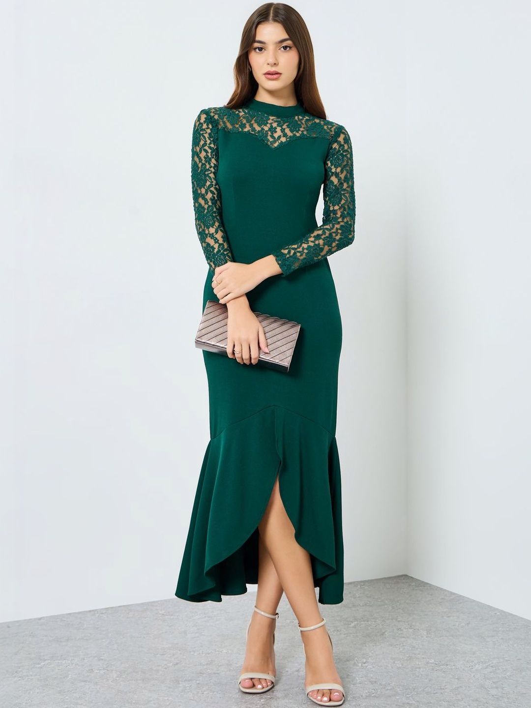 mermaid dress myntra Buy Styli Women Self Design High Neck Long Sleeves Mermaid Midi Dress -  Dresses for Women 39379365