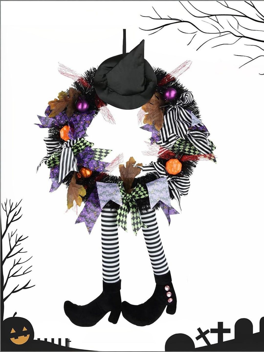 MAYCREATE Black & White Textured Halloween Witch Hat & Legs Door Wreath Decor