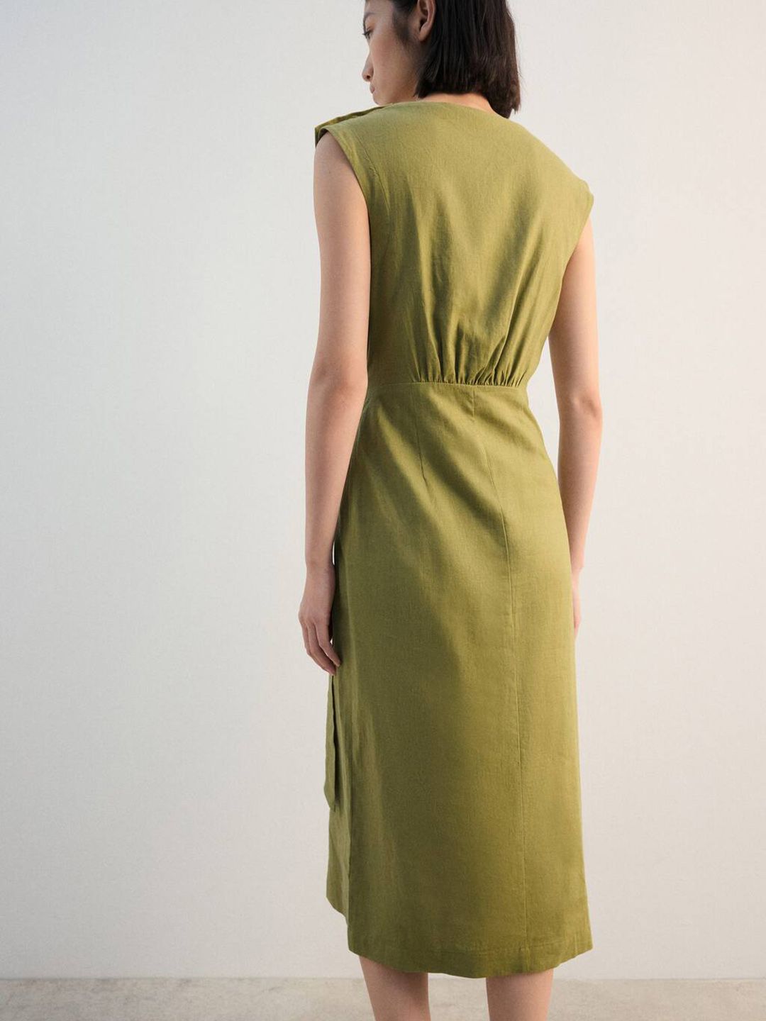 Faux Wrap Sheath Midi Dress with Waist Tie-Up