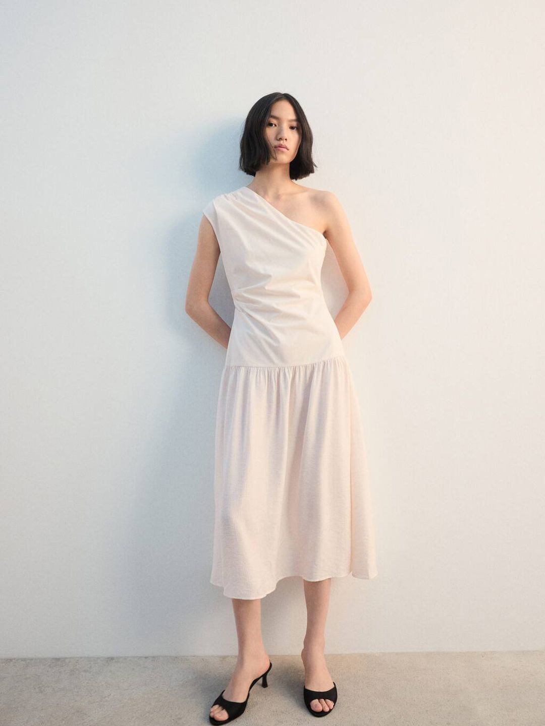 One Shoulder Pleated A-Line Midi Dress