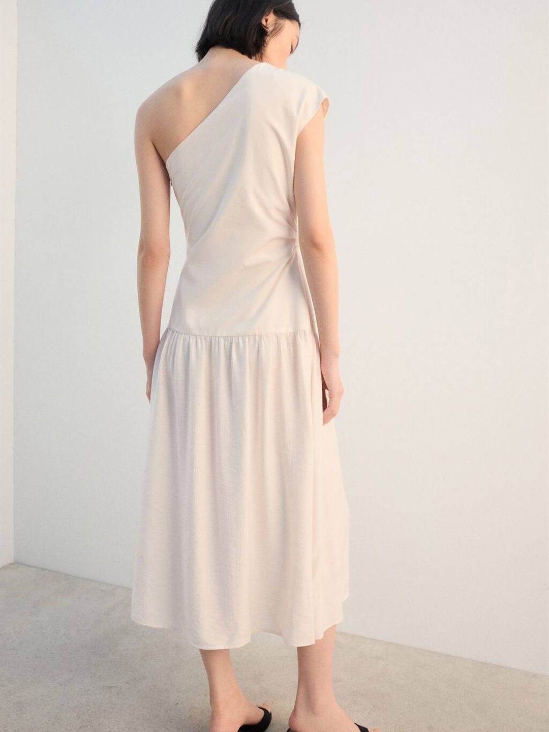 One Shoulder Pleated A-Line Midi Dress