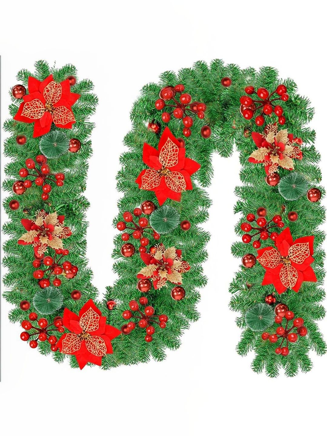 MAYCREATE Green & Red Textured Christmas Garland With Flowers & Berries