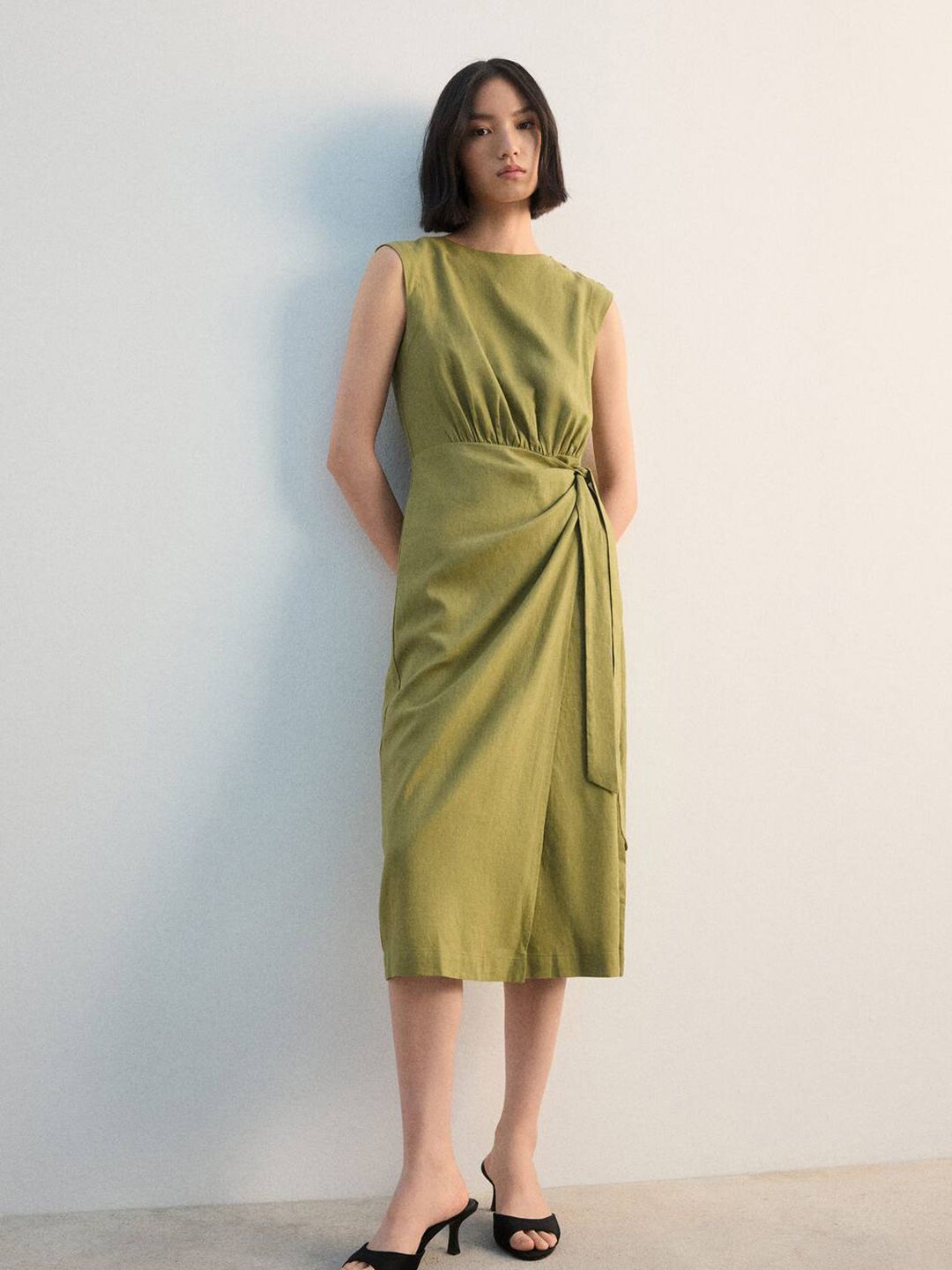 Faux Wrap Sheath Midi Dress with Waist Tie-Up