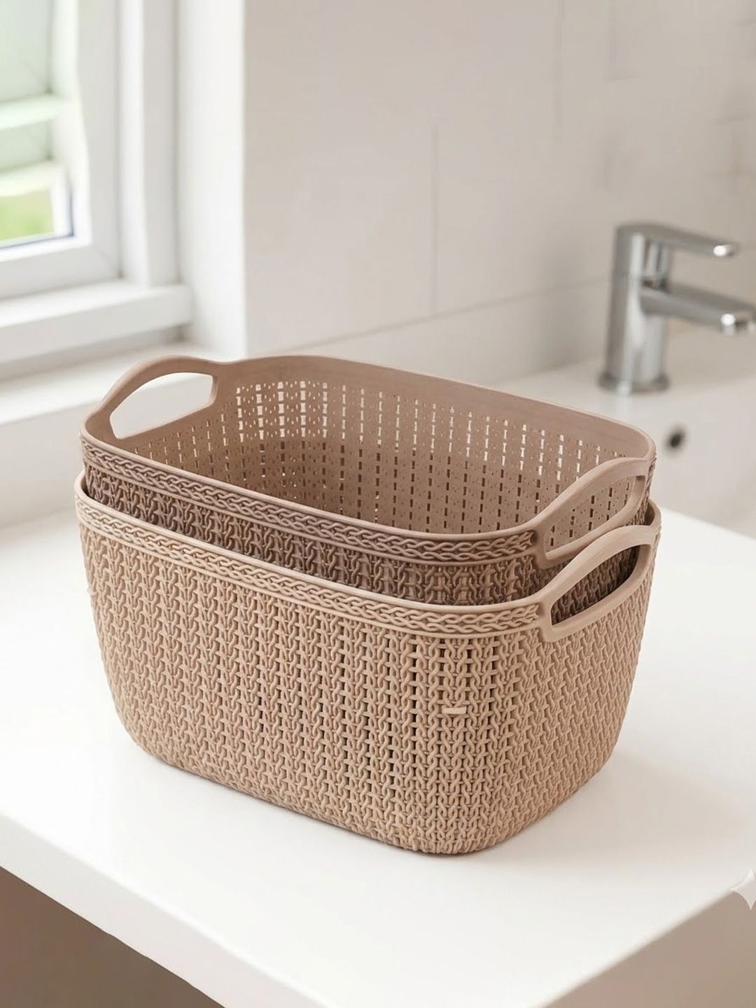 Kuber Industries Brown & Beige 2 Pieces Multipurpose Storage Basket With Handles|