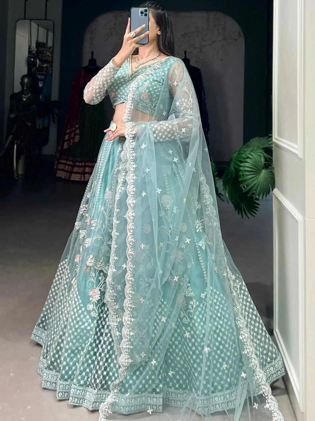 UDBHAV EXPORT Embroidered Thread Work Semi-Stitched Lehenga & Blouse With Dupatta