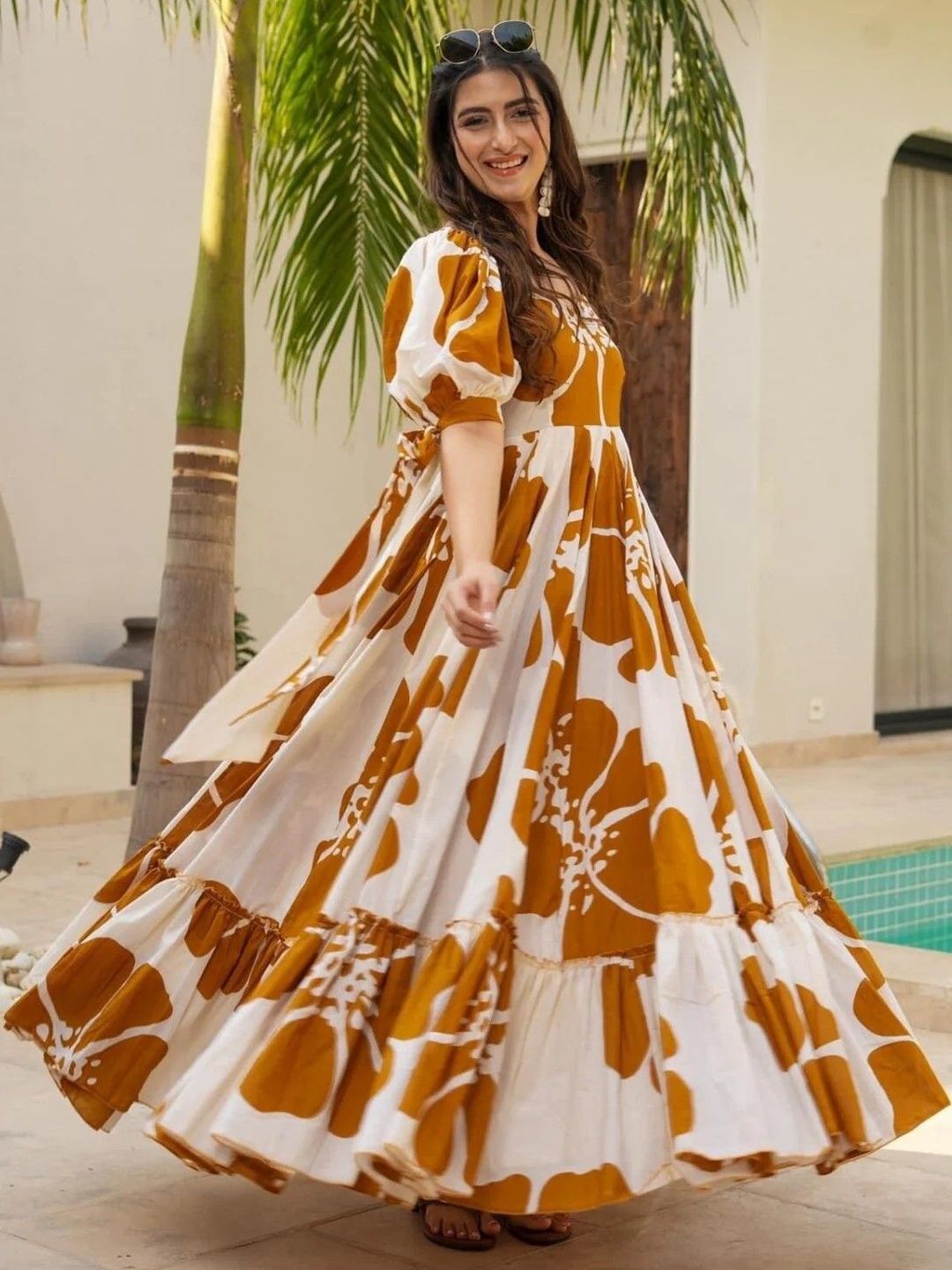 Ethnic Yard Floral Print Puff Sleeve Linen A-Line Maxi Dress