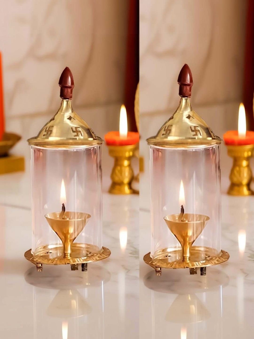 Heaven Decor 2Pcs Yellow & Transparent Textured Glass Pooja Akhand Diyas
