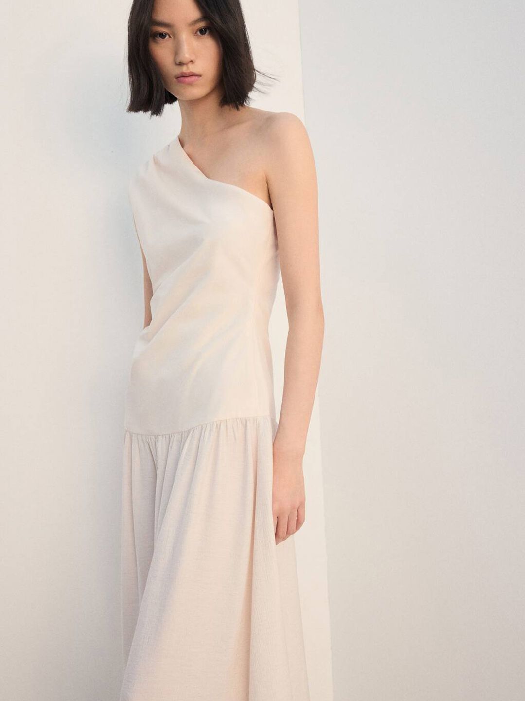 One Shoulder Pleated A-Line Midi Dress