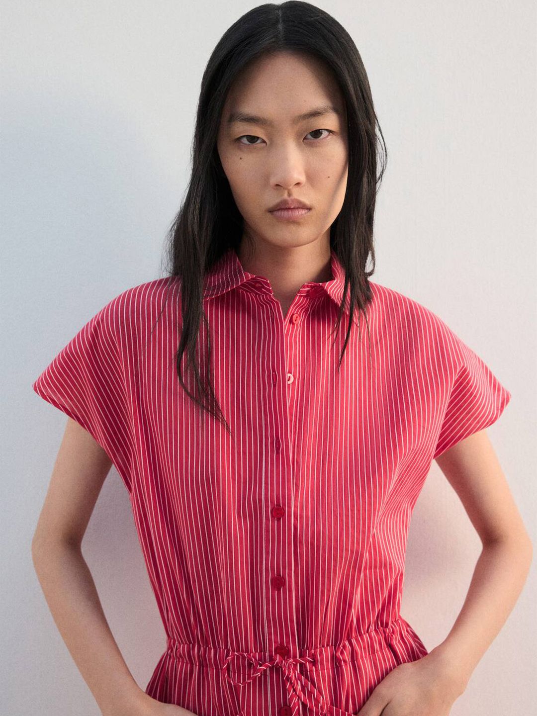 Striped A-Line Mini Dress with Waist-Tie-Up