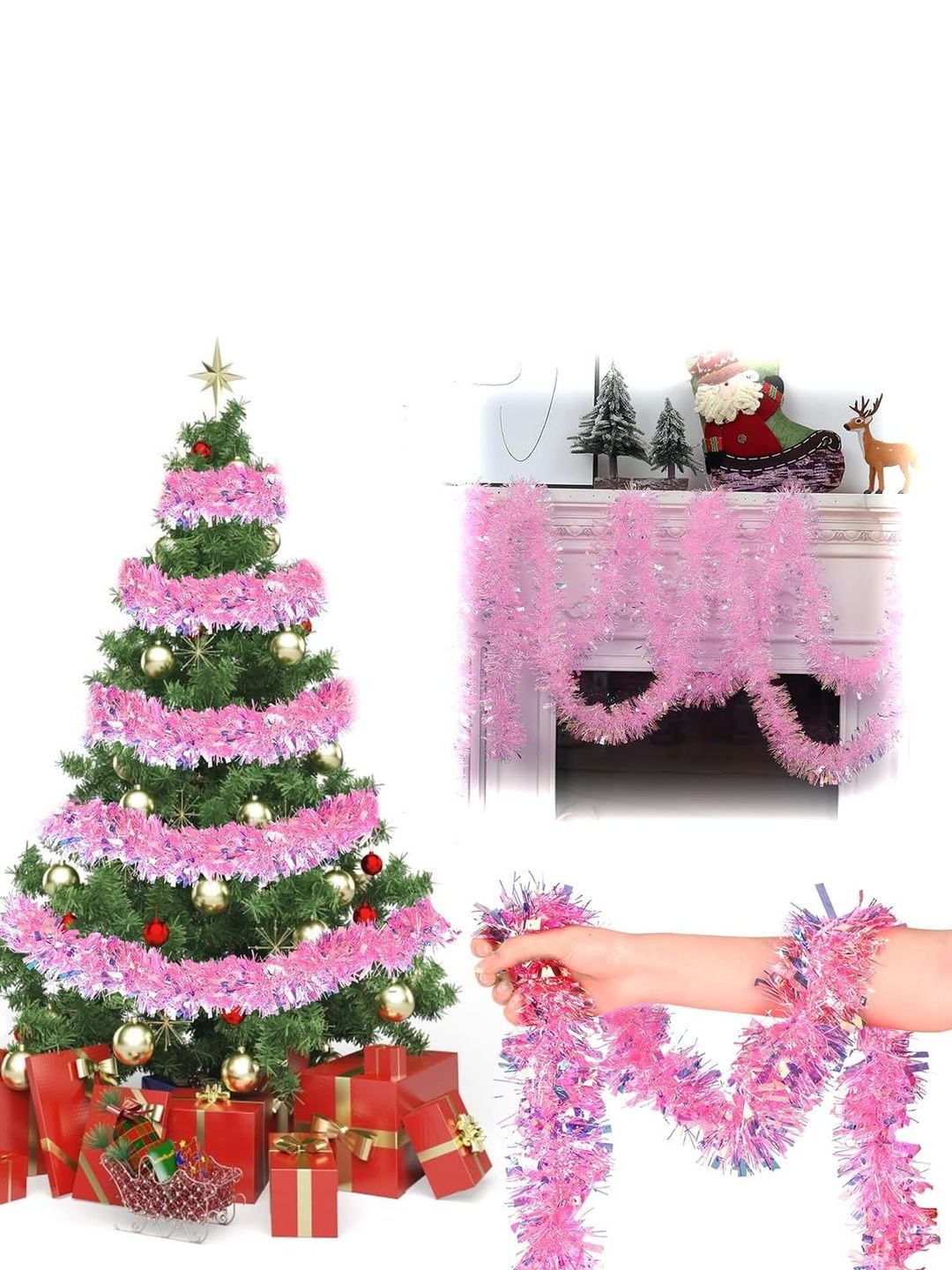 MAYCREATE Pink Textured Christmas Tinsel Garlands