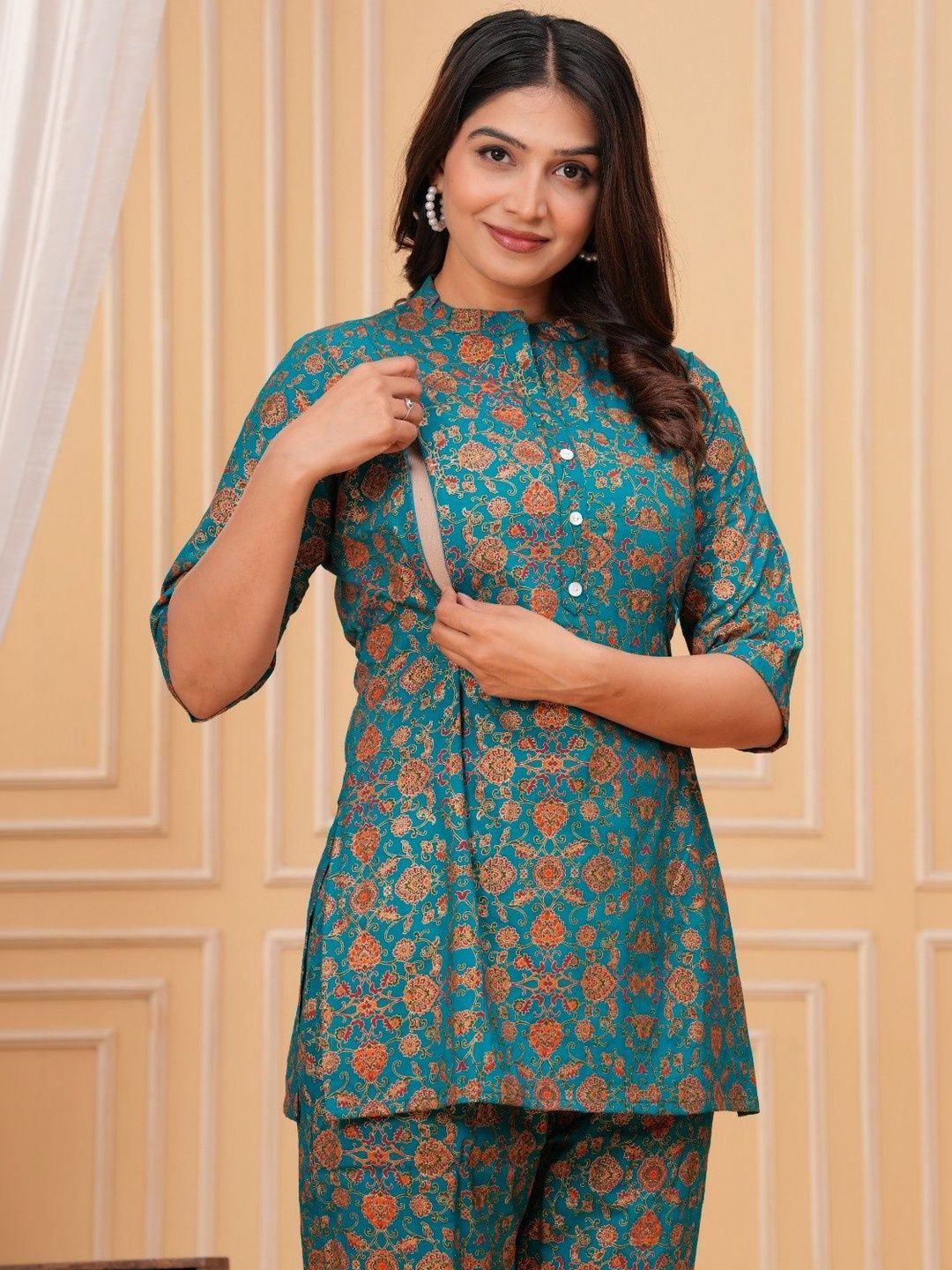 CLOTHYCORP Printed Mandarin Collar Maternity Top & Trousers Co-Ords