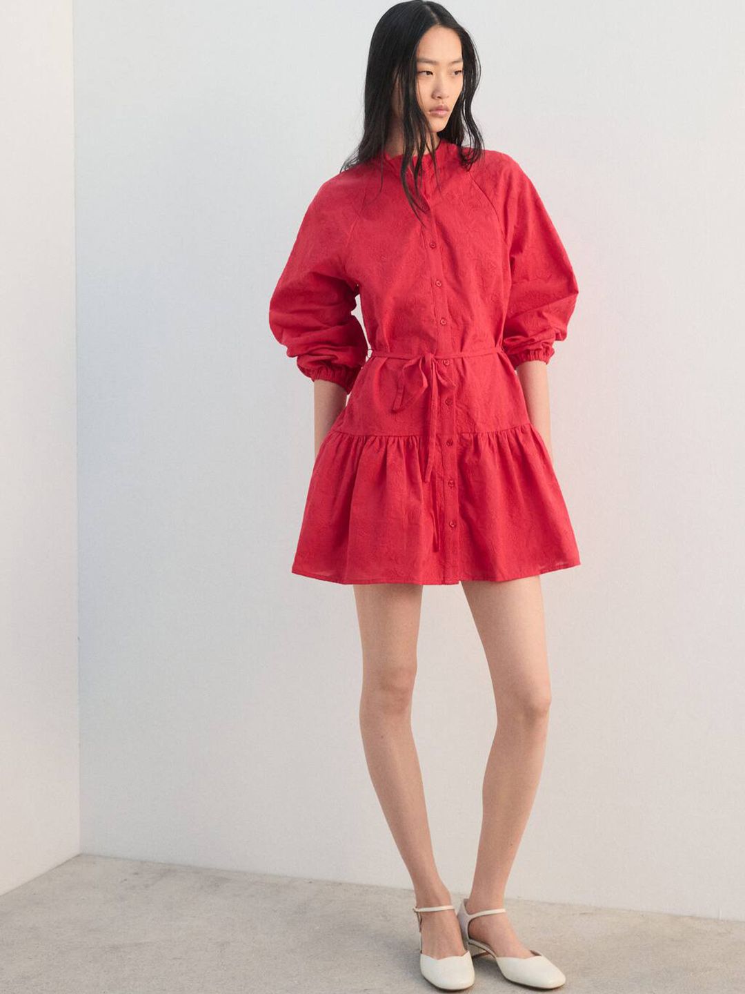 Floral Embroidered Pleated A-Line Mini Dress