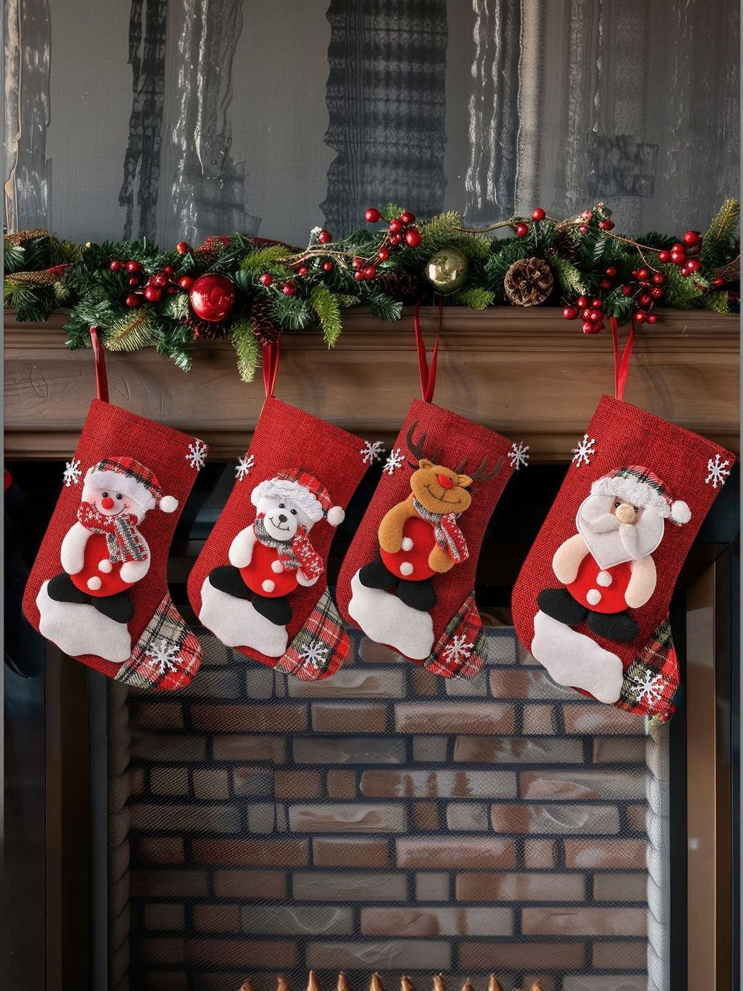MAYCREATE 4Pcs Red & White Textured Cotton Christmas Stockings Set
