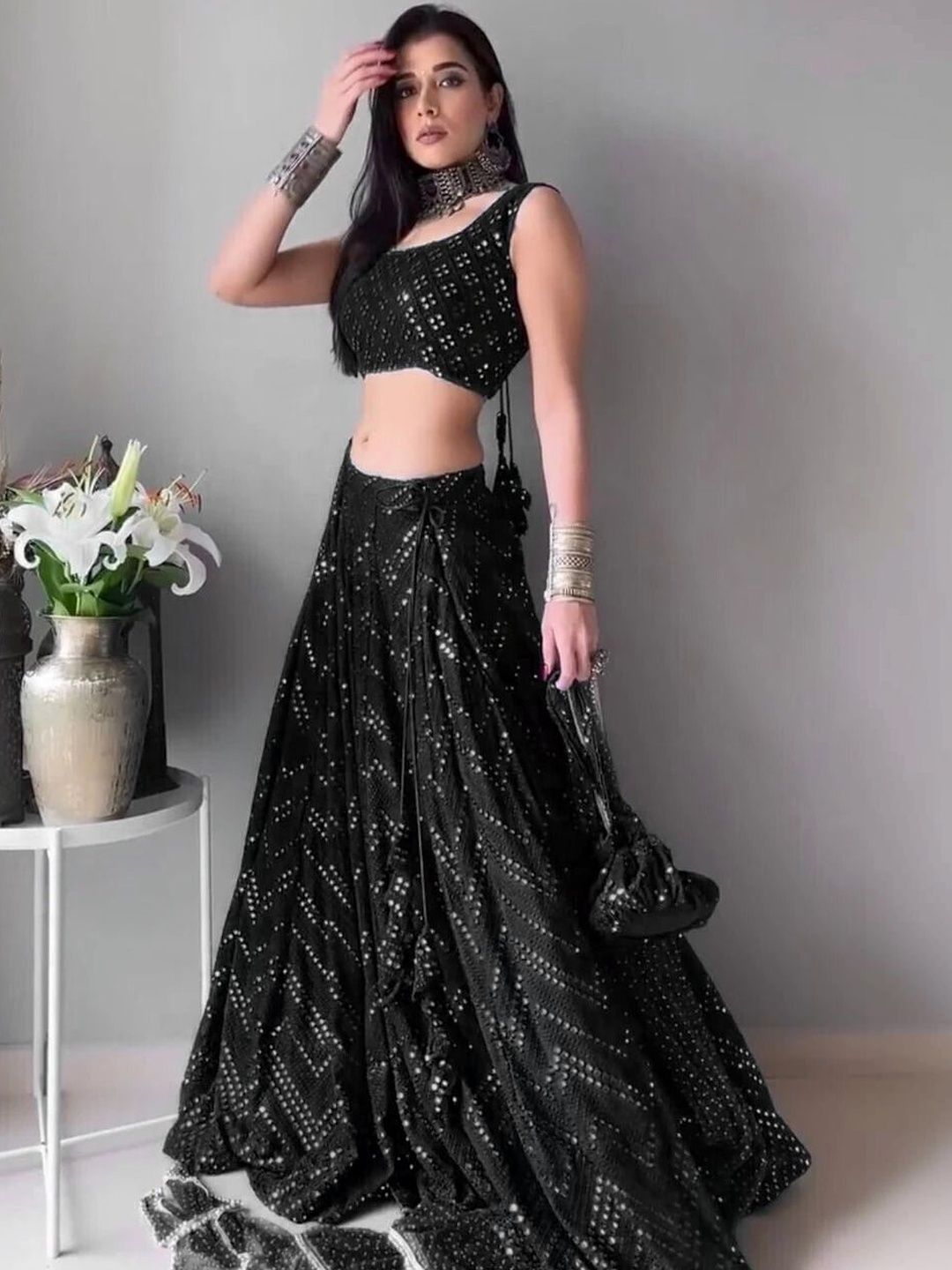 REELOVE FACTORY Embellished Sequinned Semi-Stitched Lehenga & Unstitched Blouse With Dupatta