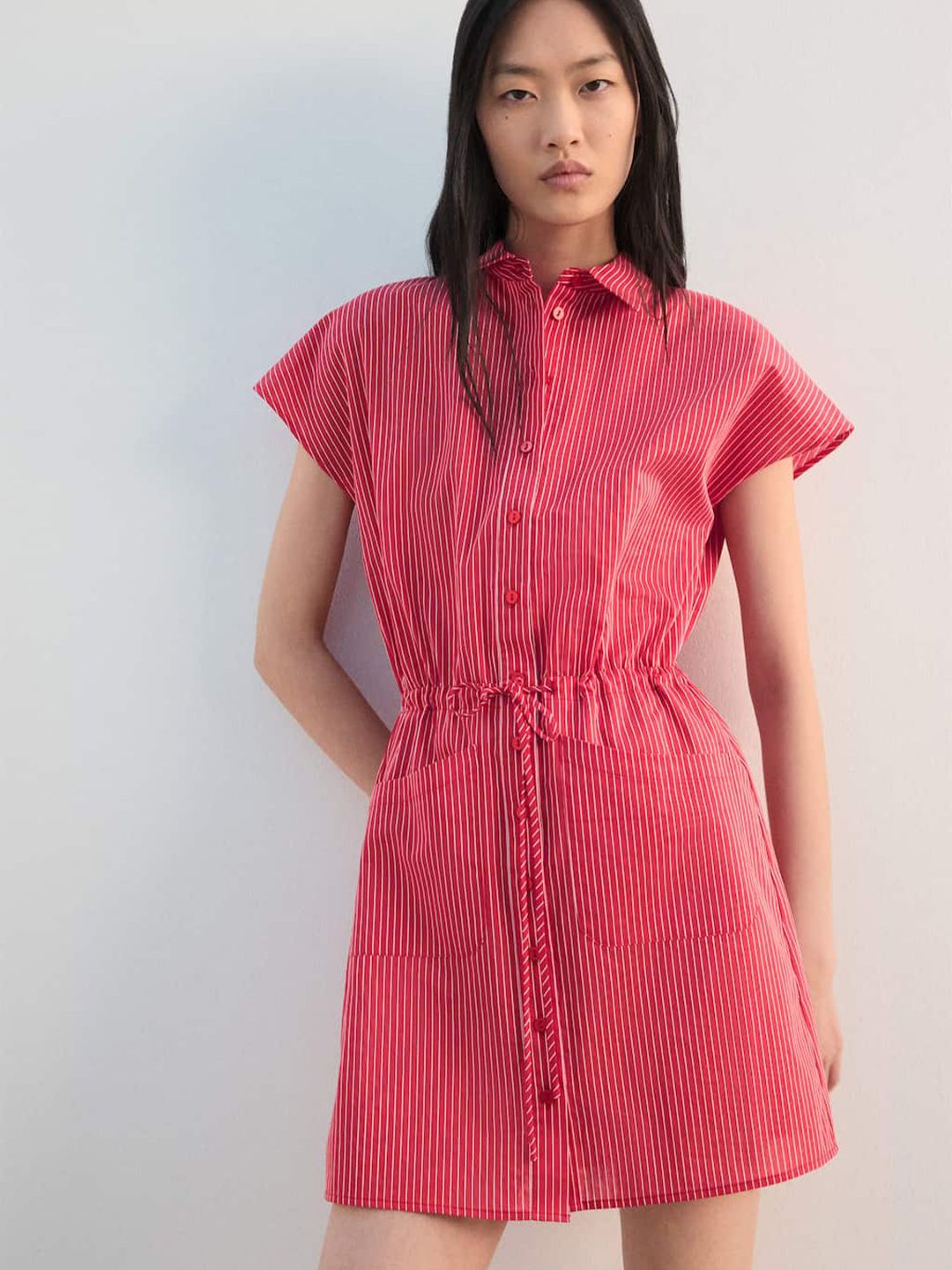 Striped A-Line Mini Dress with Waist-Tie-Up