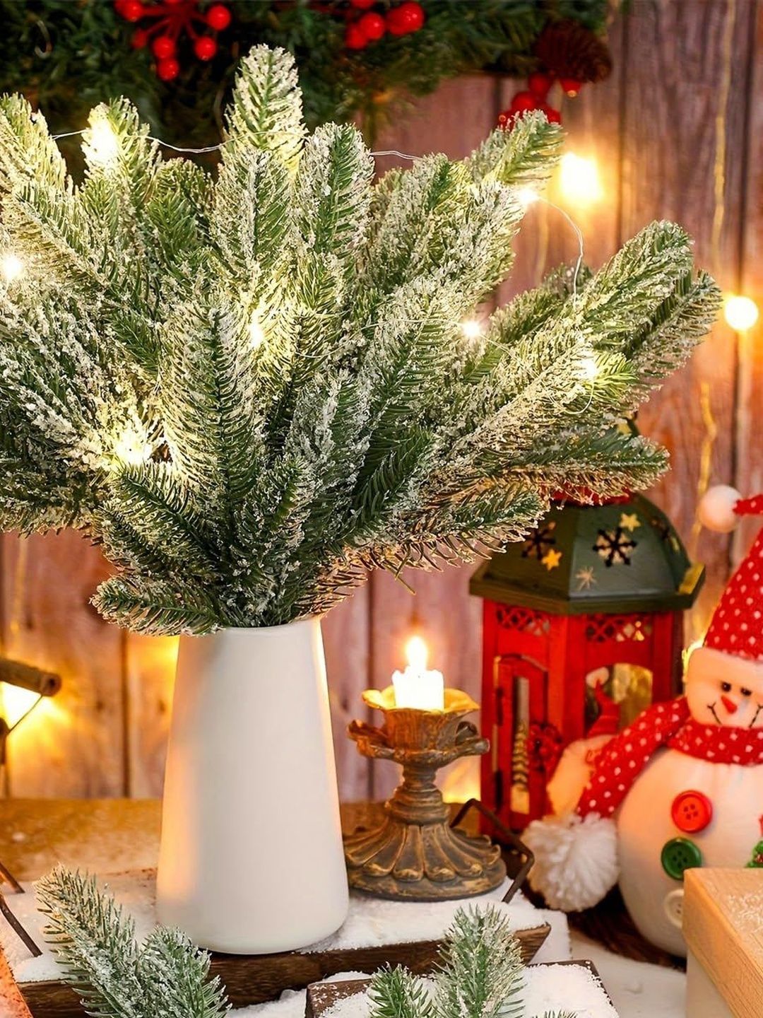 MAYCREATE 30Pcs Green Textured Christmas Flocked Pine Needle Branches