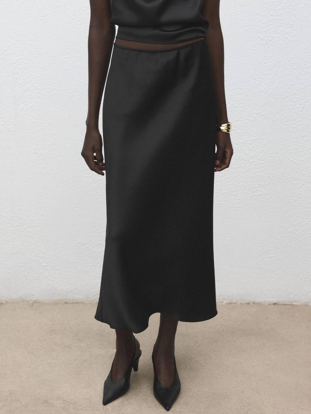 Satin Finish Mid-Rise A-Line Midi Skirt