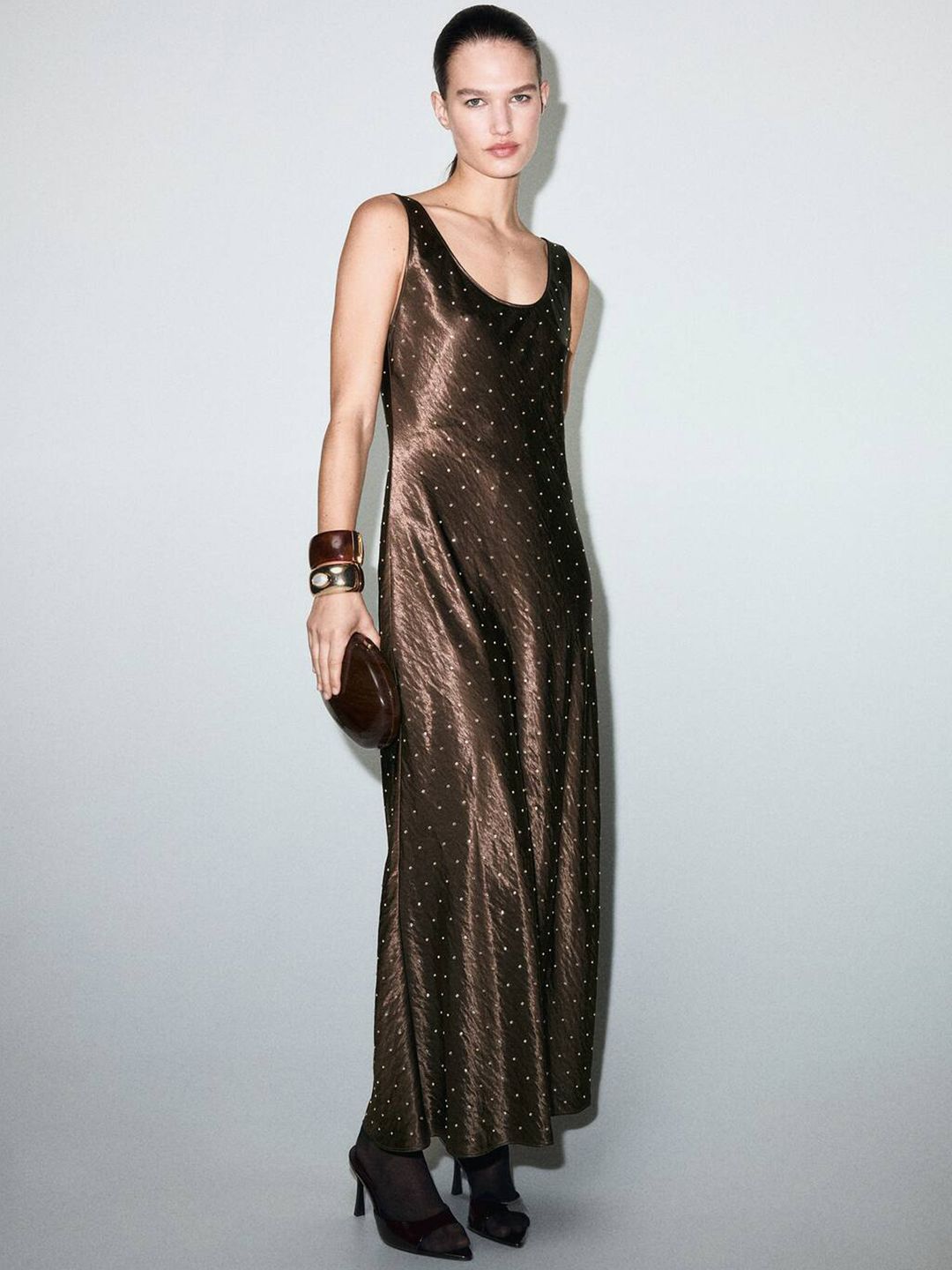 Rhinestone Embellished Satin Maxi Dress