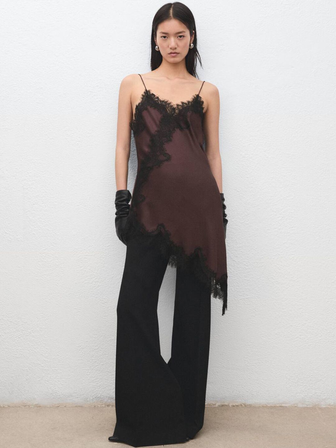 Lace Inserts Satin Longline Asymmetric Hem Top