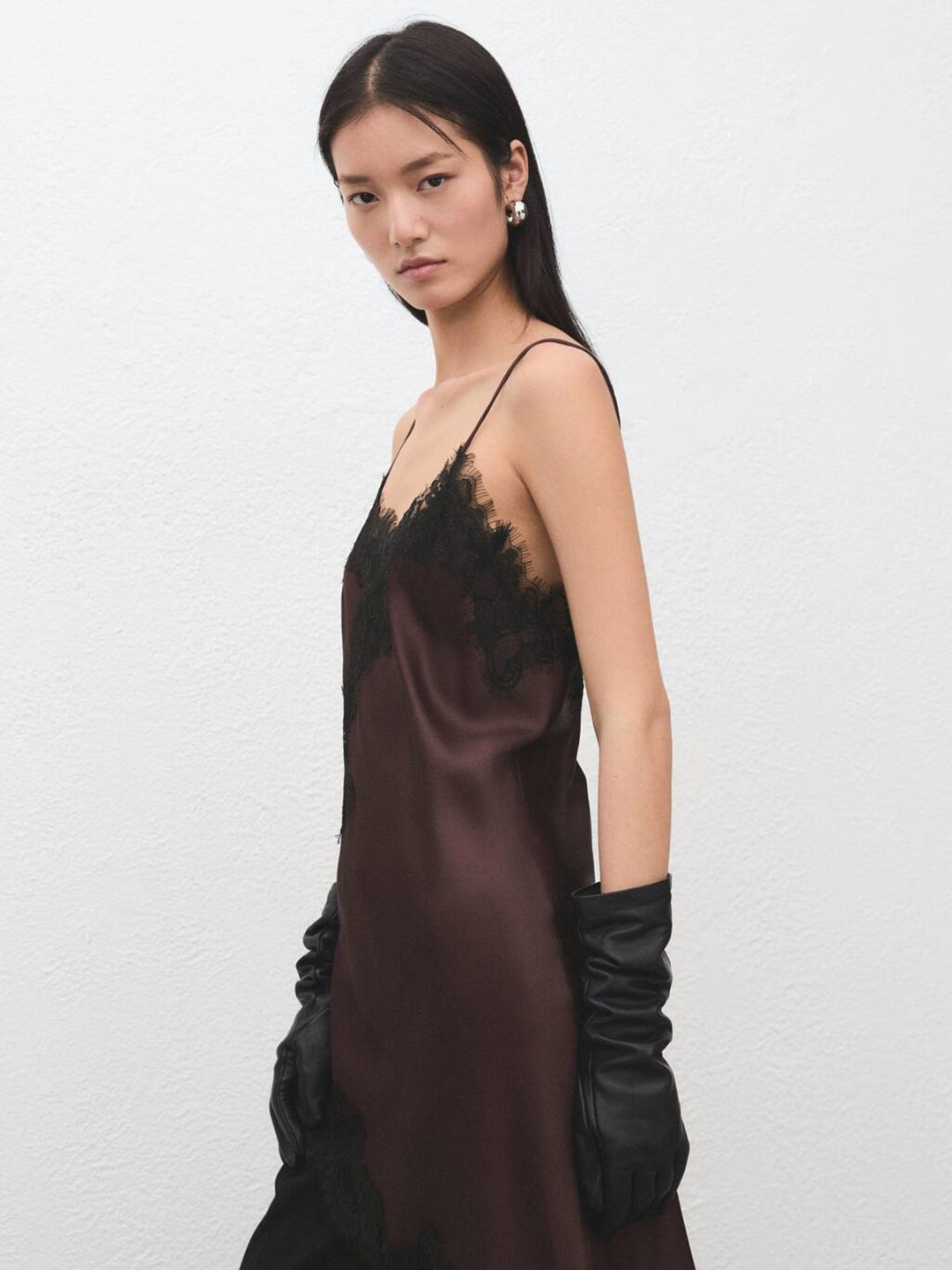 Lace Inserts Satin Longline Asymmetric Hem Top