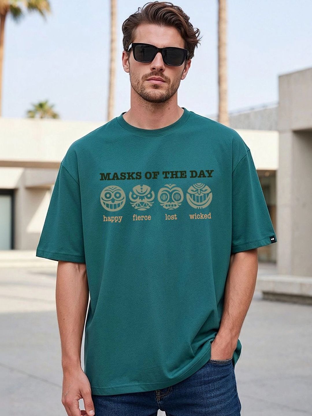 Bewakoof Men Green Masks Graphic Printed Oversized T-shirt