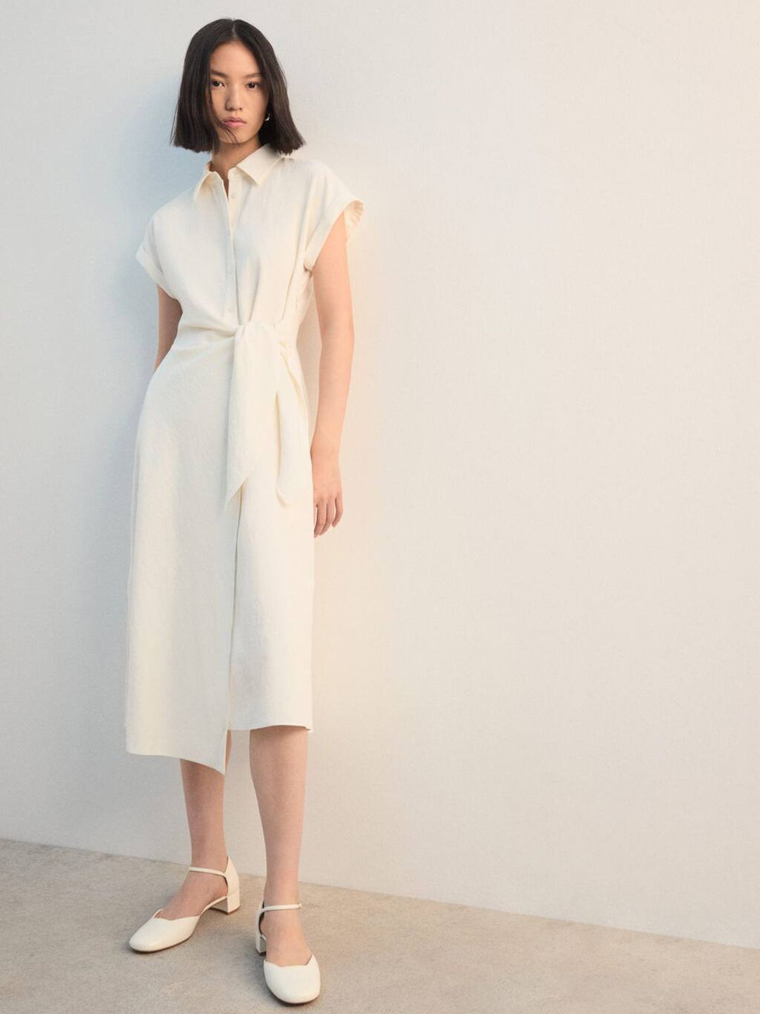Tie-Up Detail Extended Sleeves Asymmetric Hem Midi Shirt Dress with Pintucks