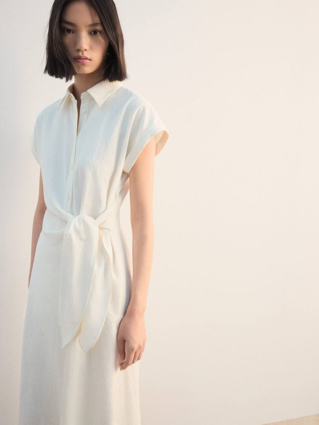 Tie-Up Detail Extended Sleeves Asymmetric Hem Midi Shirt Dress with Pintucks