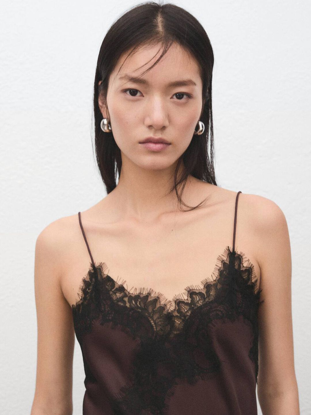 Lace Inserts Satin Longline Asymmetric Hem Top