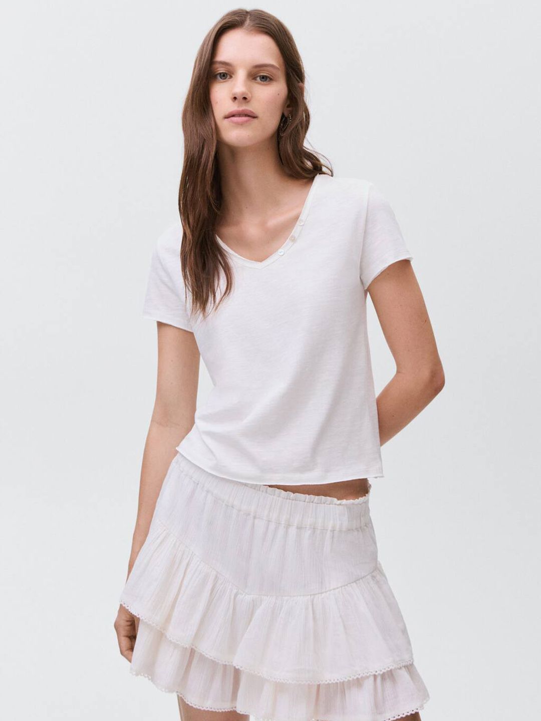 V-Neck Button Detail Pure Cotton T-shirt
