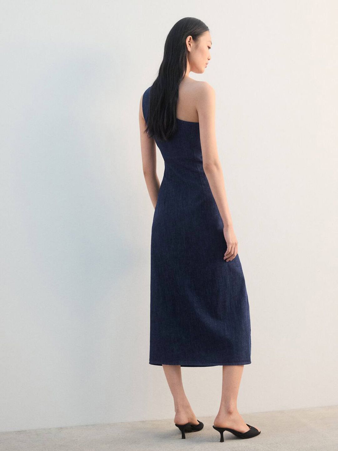Denim One Shoulder Pure Cotton Sheath Midi Dress