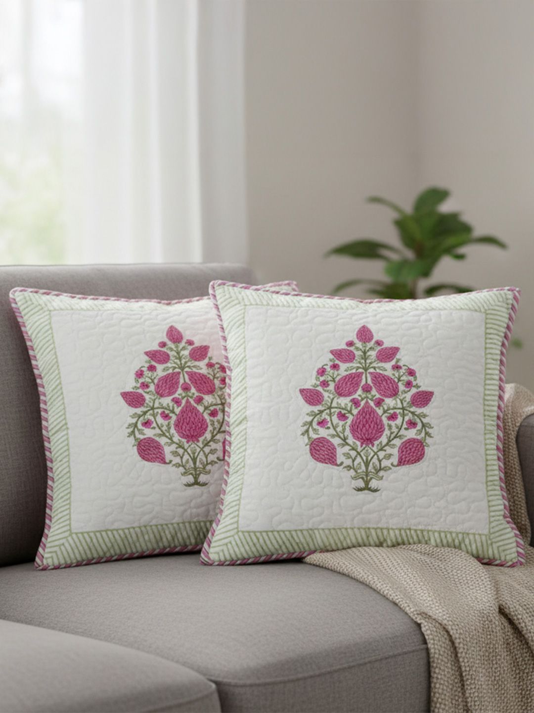 HOMEMONDE HOMEMONDE Hand Block Print Cotton Lightweight 2 Pcs Patchwork Cushion Covers-16x16In