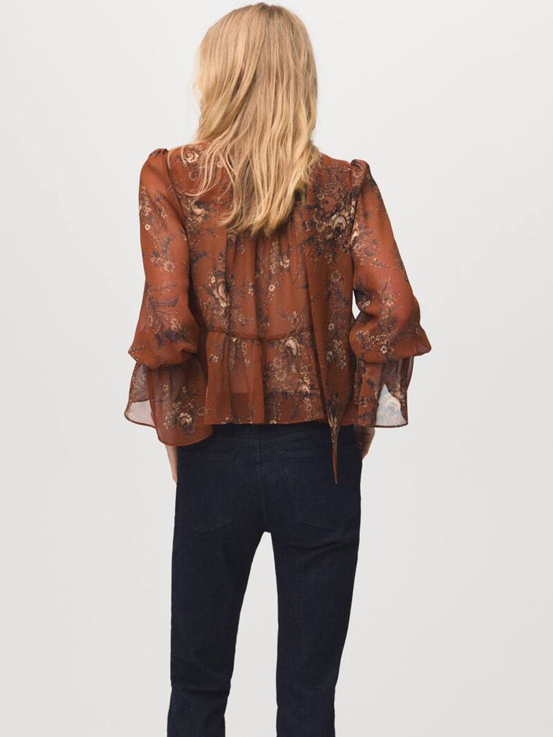 Floral Print Bell Sleeve Scarf Neck Peplum Crop Top