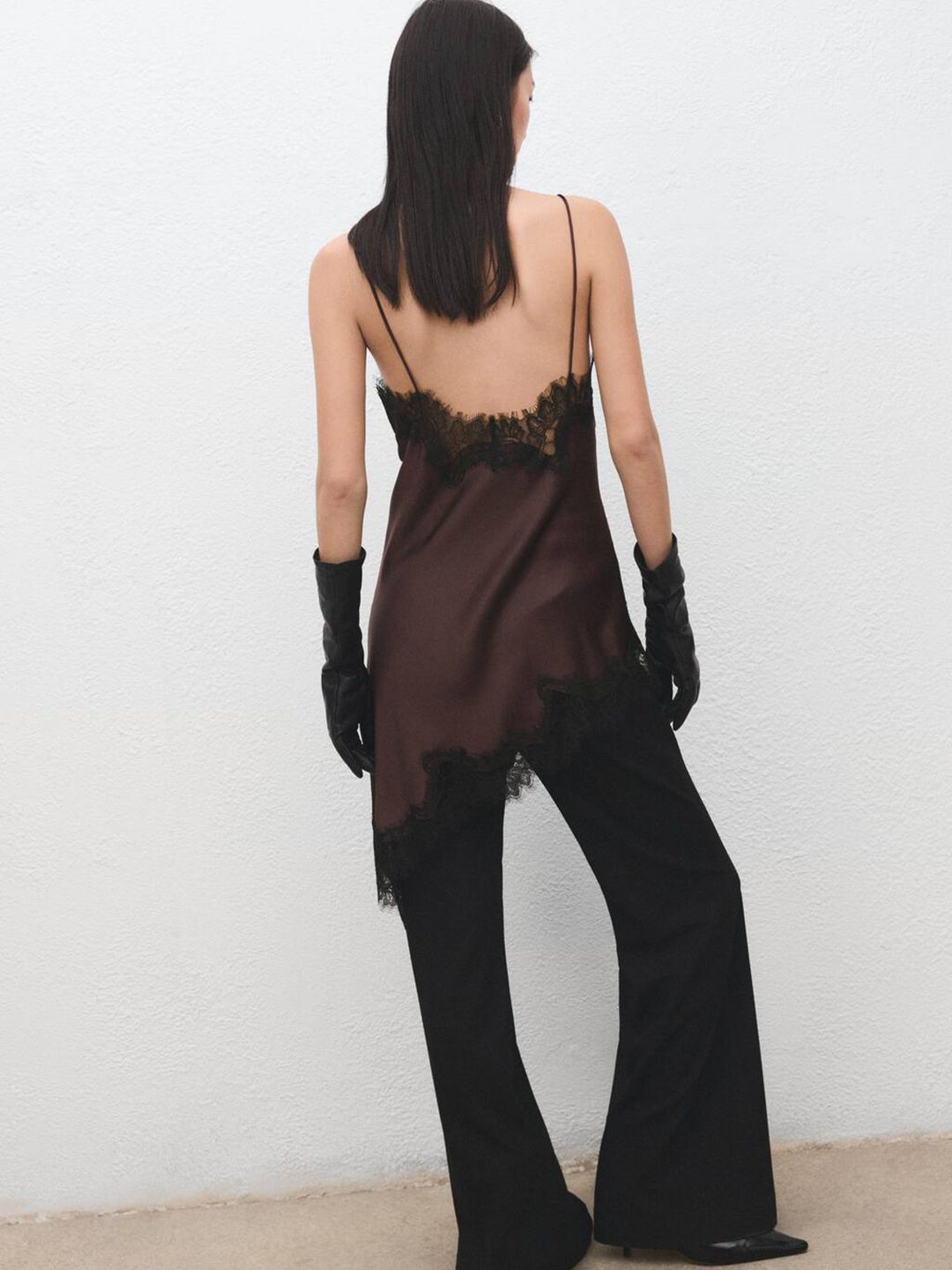 Lace Inserts Satin Longline Asymmetric Hem Top