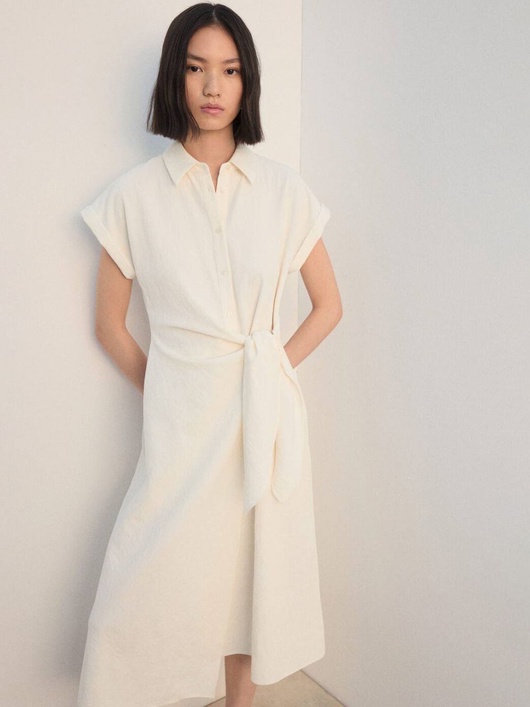 Tie-Up Detail Extended Sleeves Asymmetric Hem Midi Shirt Dress with Pintucks