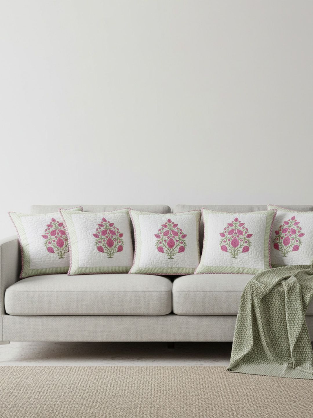 5 Pcs Square Cushion Covers HOMEMONDE Pink & White 5 Pieces Floral Printed Cotton Square Cushion Covers