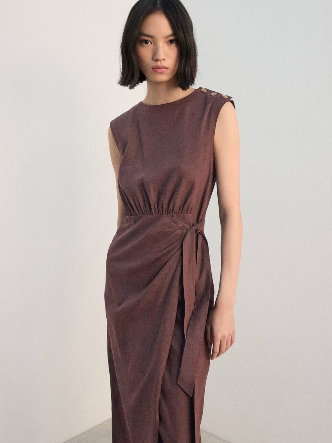 Faux Wrap Sheath Midi Dress with Waist Tie-Up