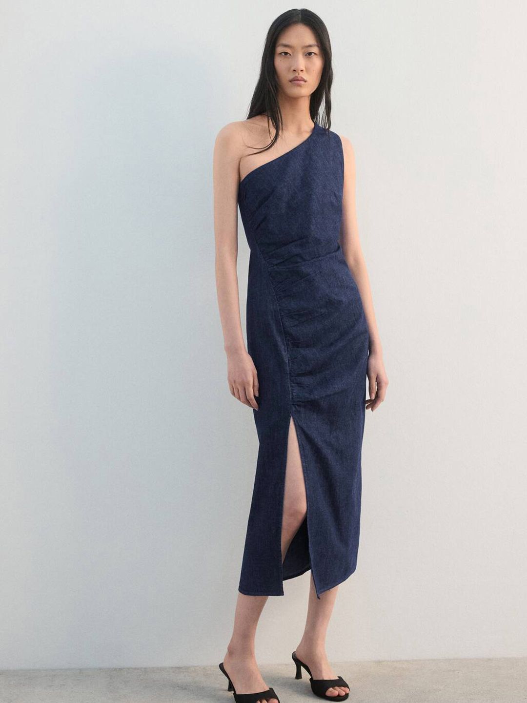 Denim One Shoulder Pure Cotton Sheath Midi Dress