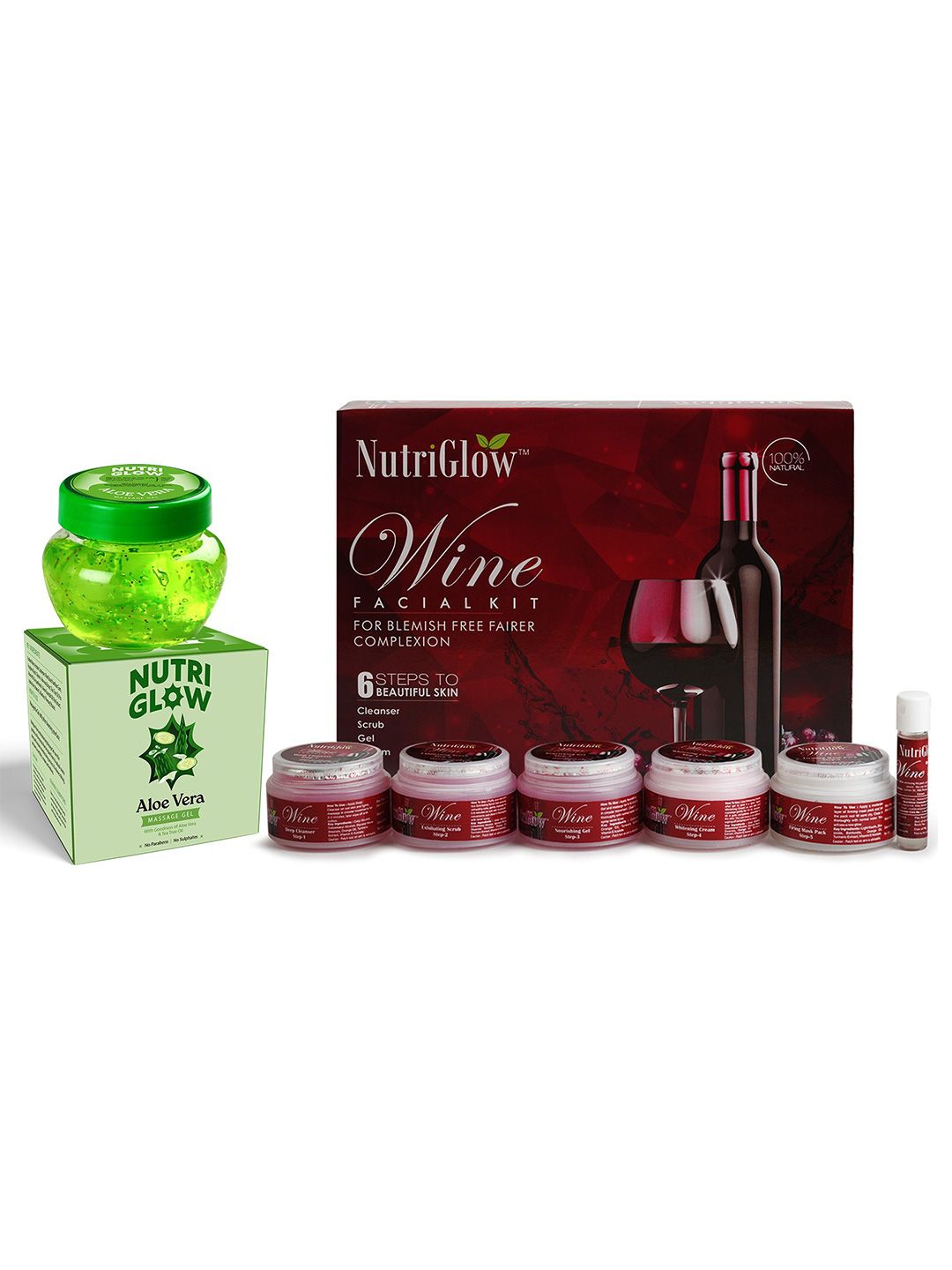 NutriGlow Combo of Wine Facial Kit 250g+10ml & Aloe Vera Massage Gel 100g